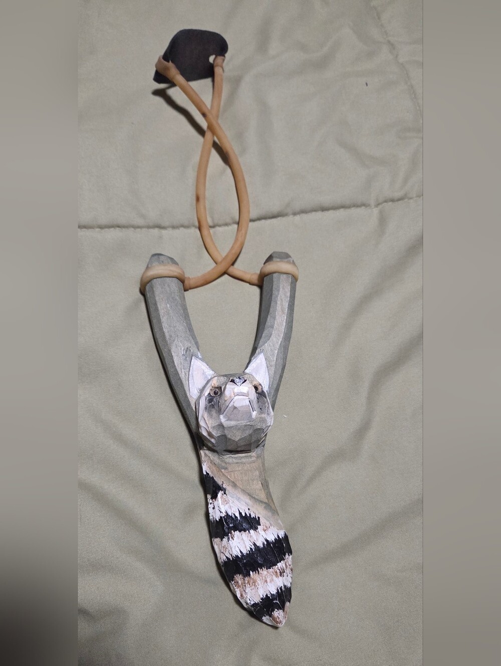 Hand Carved Wooden Raccoon Slingshot Rustic Folk Art Collectible